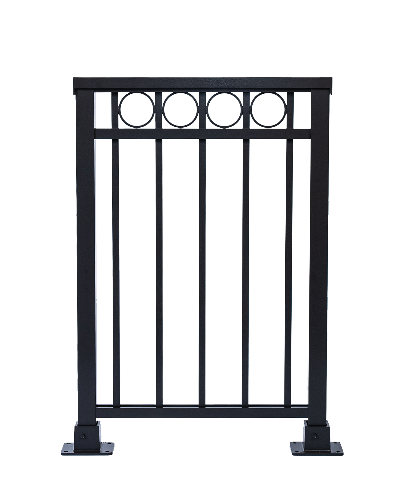 A sample unit of Black Aluminum railing with vertical aluminum bars and circles, M400 1A added accessory rings