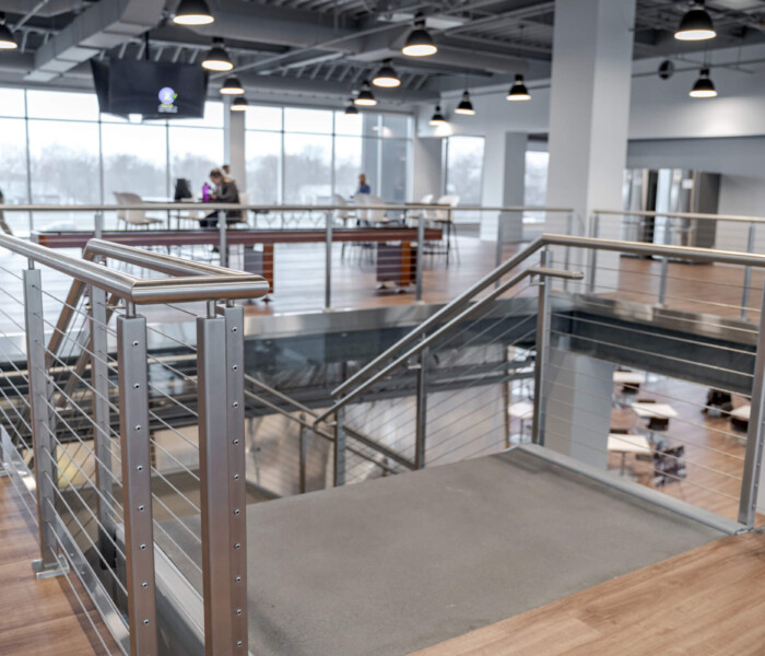 Commercial building with new stainless steel ornamental railings.